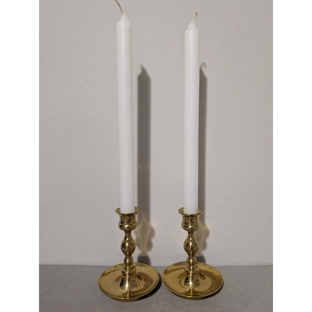Vintage Solid Brass Candlesticks Pair - 4.5" Flared Saucer Base Taper Holders - Picture 8 of 8